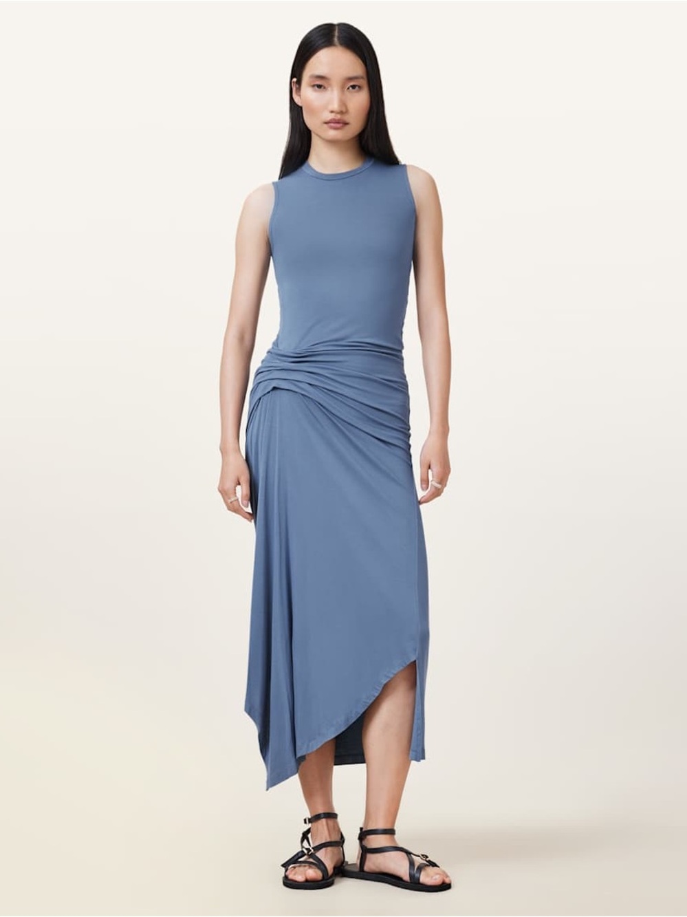 AllSaints Slate Blue RIVI DRAPED MIDI DRESS